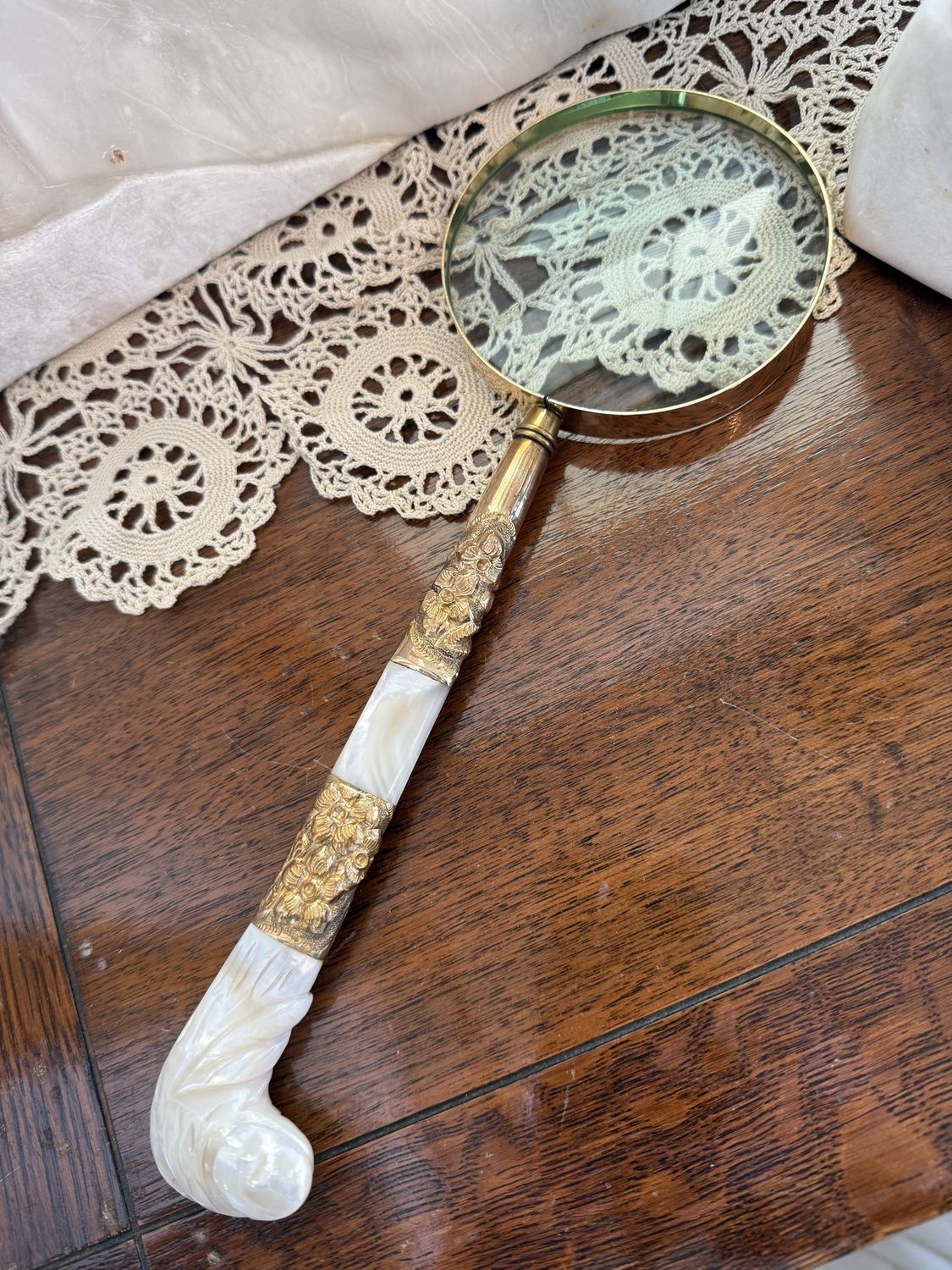 Antique Carved Mother of Pearl and Repousse Gold Magnifying Glass