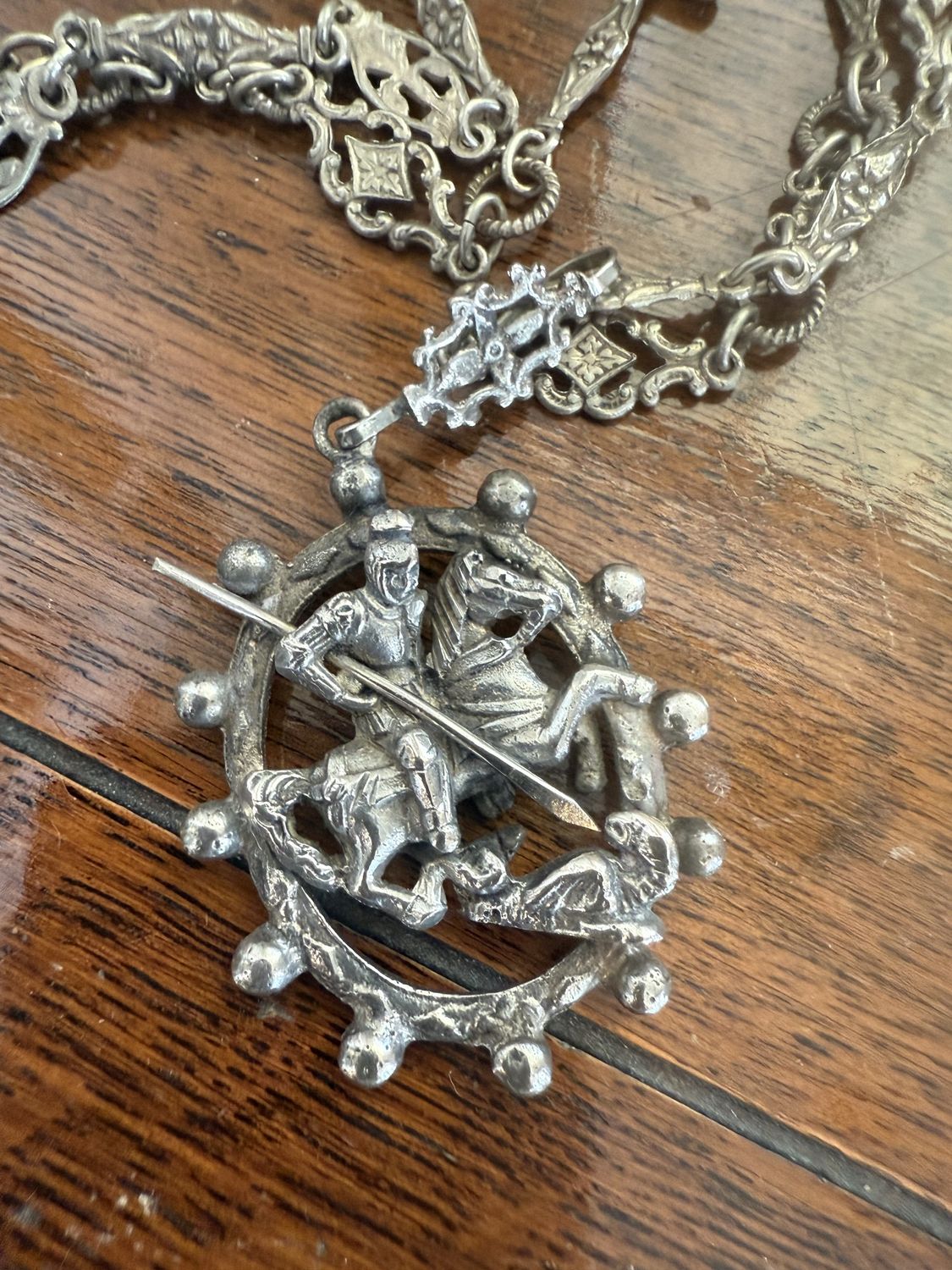 Antique 800 Silver St. George the Dragan Slayer on Elaborately Chased Chain
