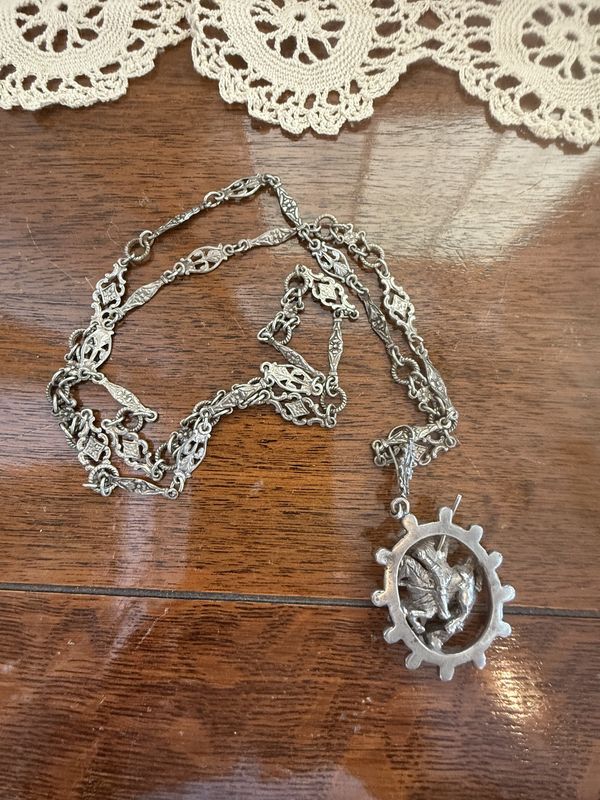 Antique 800 Silver St. George the Dragan Slayer on Elaborately Chased Chain