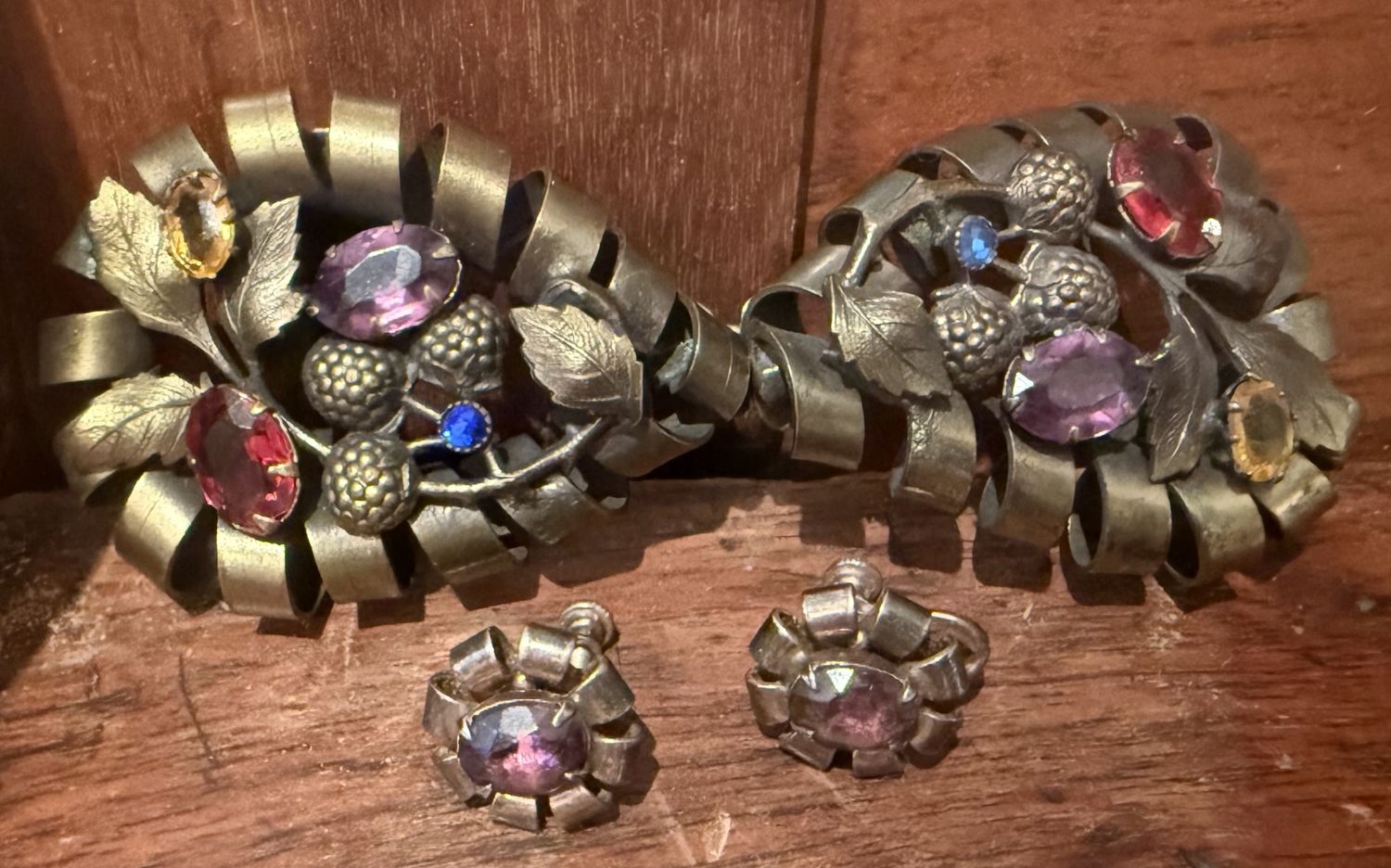 Deco Era Metal and Rhinestone Belt Buckle and Matching Earrings with Organic Berry and Leaf Motif