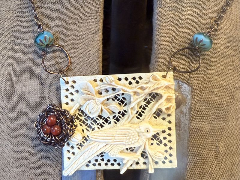 Romina Bronze, Carnelian, Carved Bone, and Czech Glass Bead Bird Nest Necklace