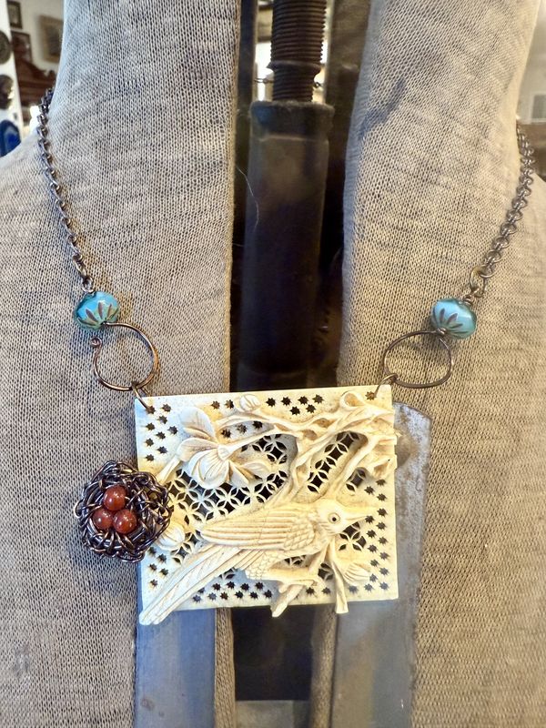 Romina Bronze, Carnelian, Carved Bone, and Czech Glass Bead Bird Nest Necklace