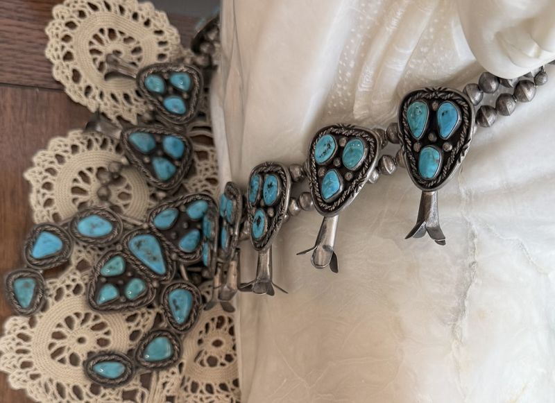 Large Native American Southwest Squash Blossom and Turquoise Necklace Silver Content Varies