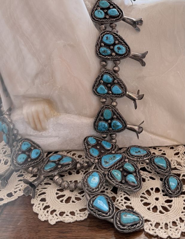 Large Native American Southwest Squash Blossom and Turquoise Necklace Silver Content Varies