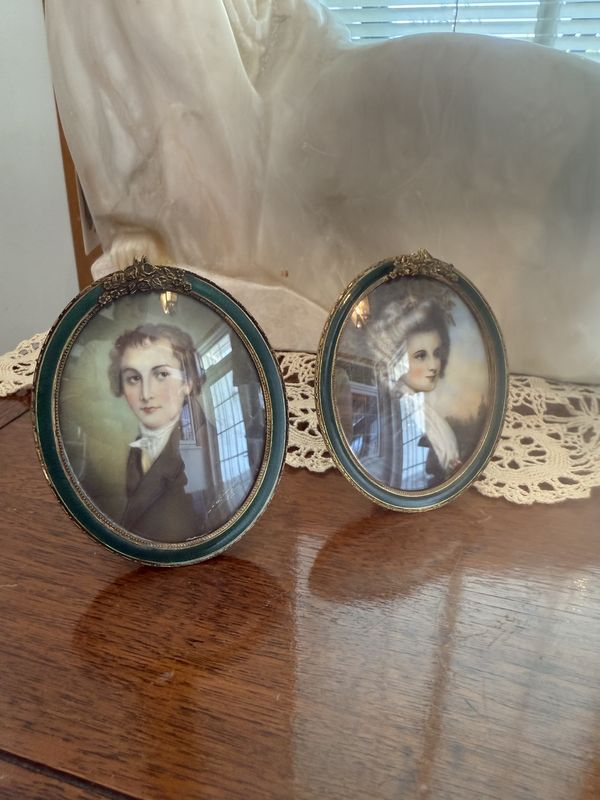 Antique Pair of Signed Miniature Portraits in Easel Back Enamel Framed with Convex Glass