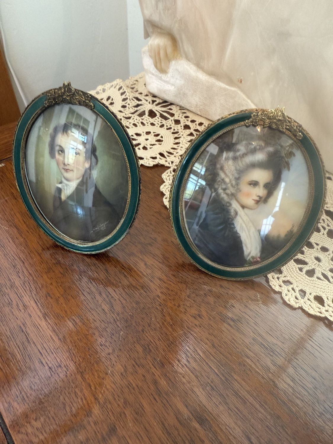 Antique Pair of Signed Miniature Portraits in Easel Back Enamel Framed with Convex Glass