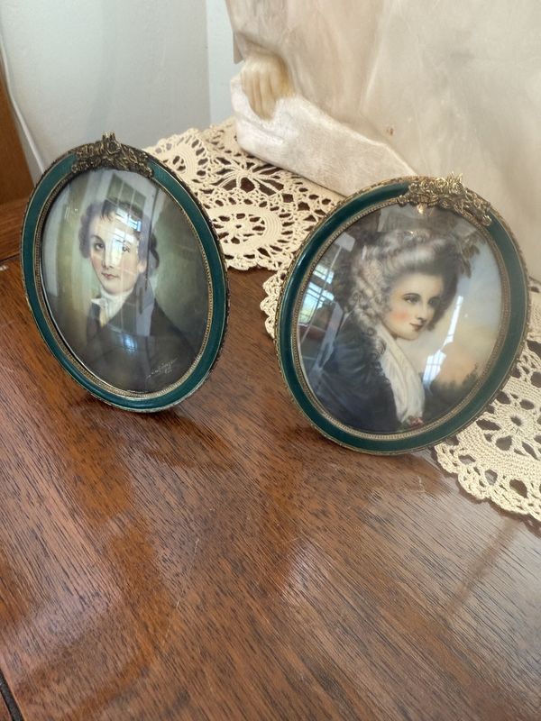 Antique Pair of Signed Miniature Portraits in Easel Back Enamel Framed with Convex Glass