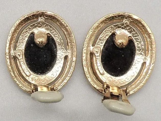 1980s Panetta Clip Oval Rhinestone and Black Stone Clip Earrings