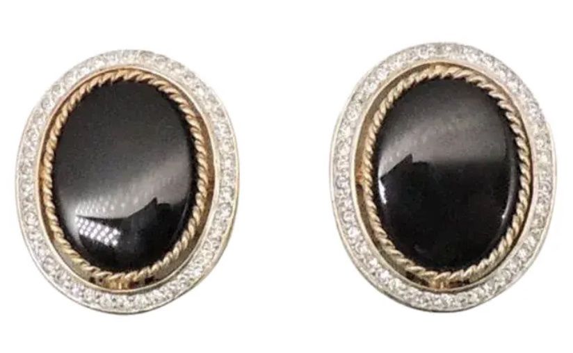 1980s Panetta Clip Oval Rhinestone and Black Stone Clip Earrings