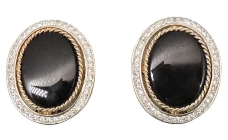 1980s Panetta Clip Oval Rhinestone and Black Stone Clip Earrings