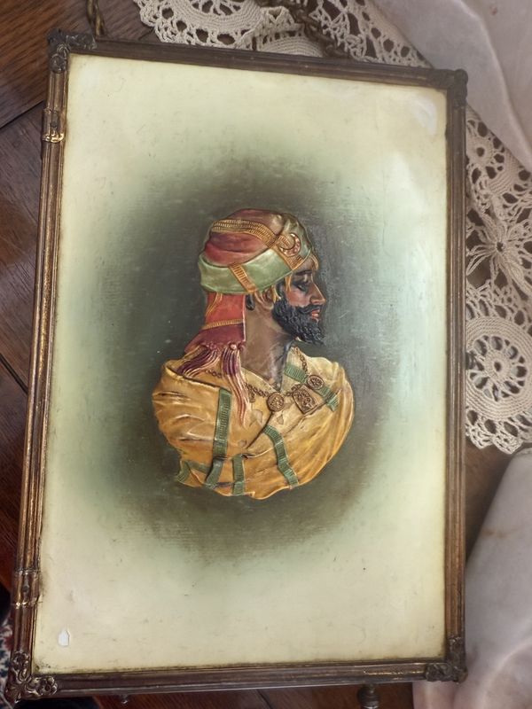 Circa 1880 Antique Triptych Mirror Wall Hanging or Tabletop with Embossed Moor