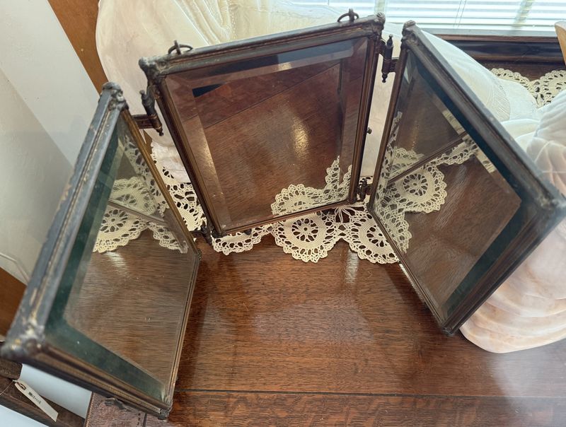 Circa 1880 Antique Triptych Mirror Wall Hanging or Tabletop with Embossed Moor
