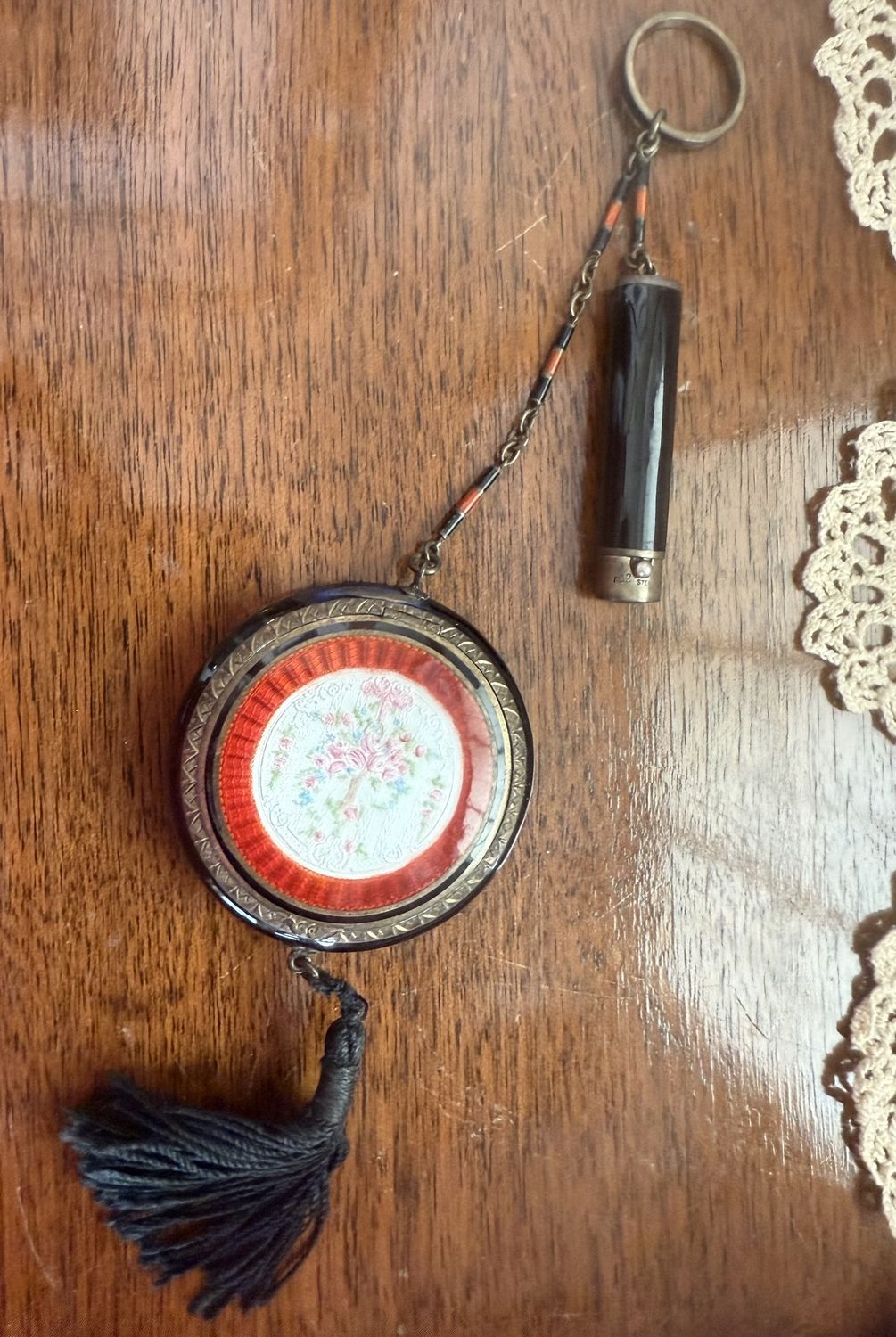 Antique Guilloche Compact Chatelaine with Ring and Lipstick Condition Noted