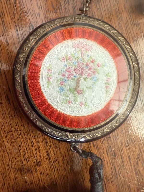 Antique Guilloche Compact Chatelaine with Ring and Lipstick Condition Noted