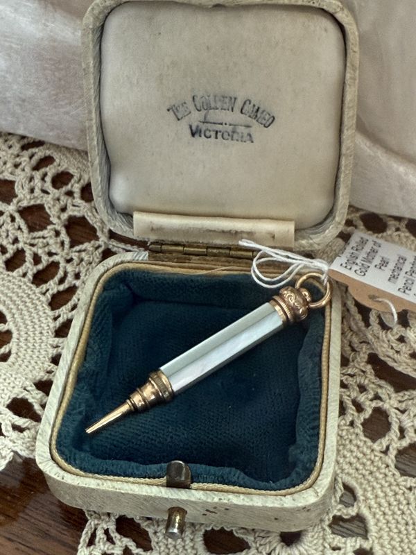 Antqiue Victorian English Rolled Gold Mother of Pearl mechanical Pencil Pendant for Chatelaine in Original Box
