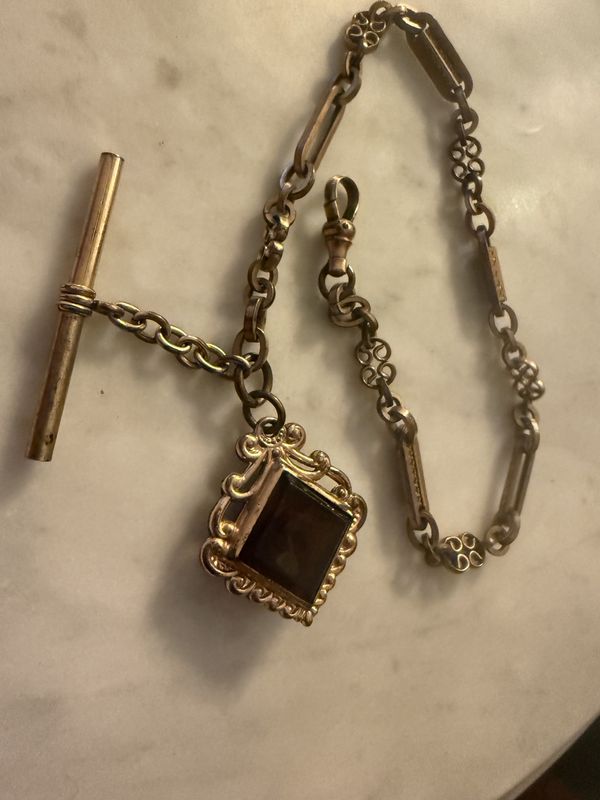 Antique Gold Filled Watch Chain with Red Glass Fob