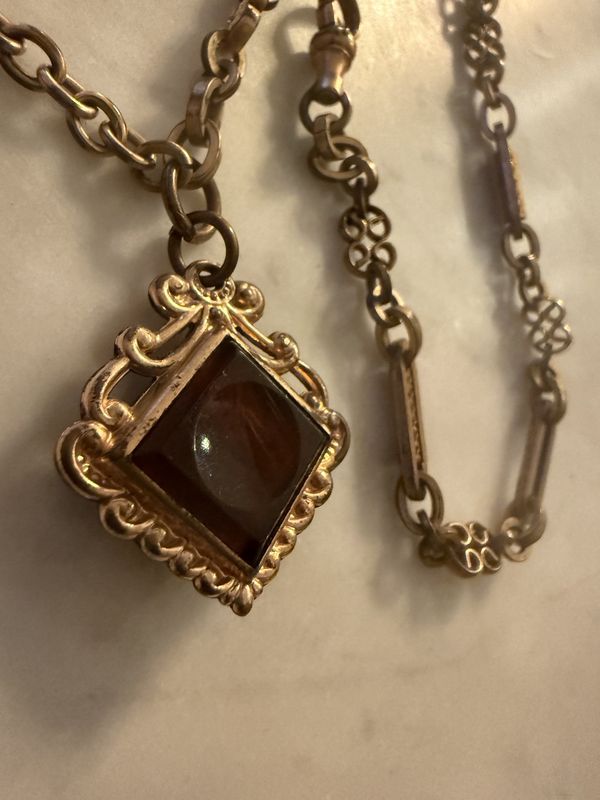 Antique Gold Filled Watch Chain with Red Glass Fob