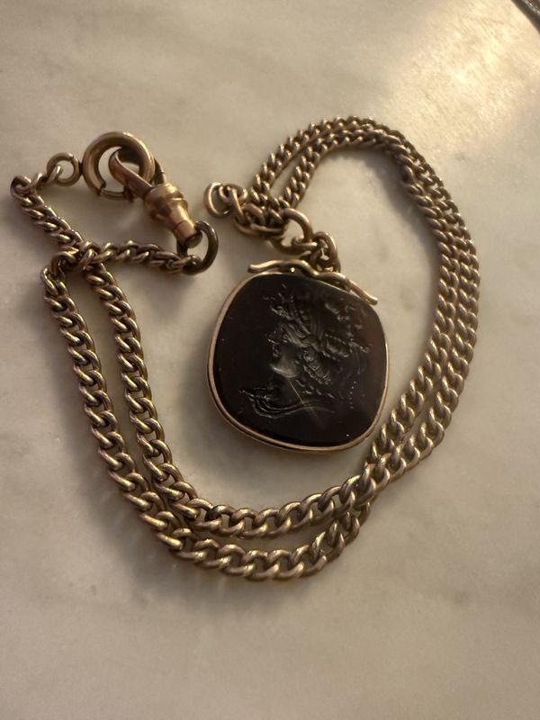Victorian Gold Filled Watch Chain With Amber Colored Intaglio Cameo Glass Fob