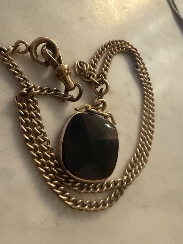 Victorian Gold Filled Watch Chain With Amber Colored Intaglio Cameo Glass Fob