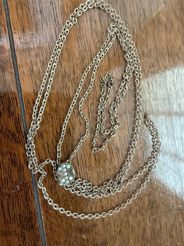Long Fine Victorian Watch/Guard Chain with Slide Gold Filled Tiny Moon Stone and Seed Pearls