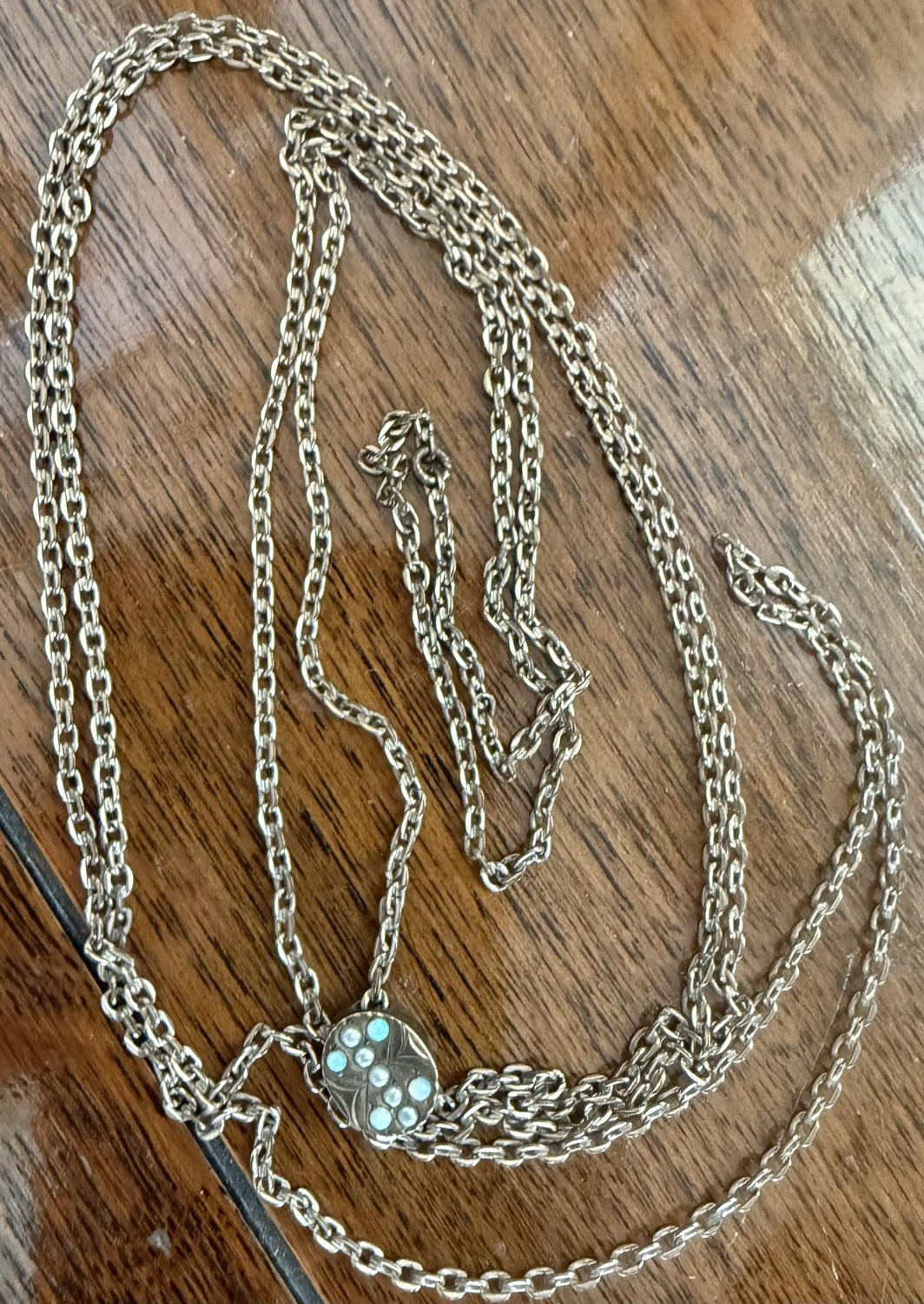 Long Fine Victorian Watch/Guard Chain with Slide Gold Filled Tiny Moon Stone and Seed Pearls