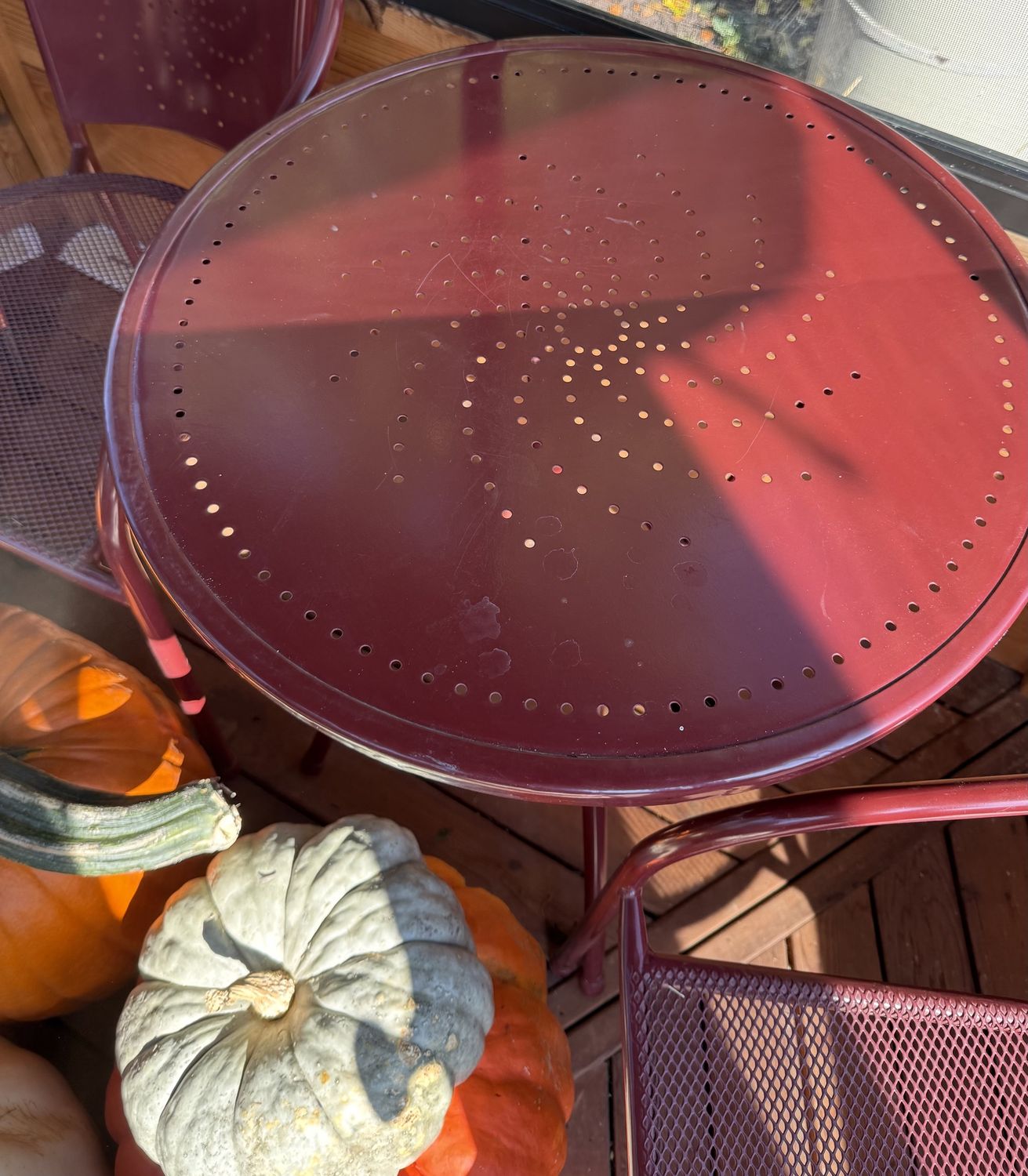 Vintage Red Patio Set Table and Two Chairs with Starburst Pattern