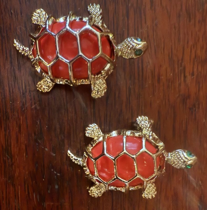Pair of Orange Plastic and Gold Tone Turtle Brooches Green Rhinestone Eyes