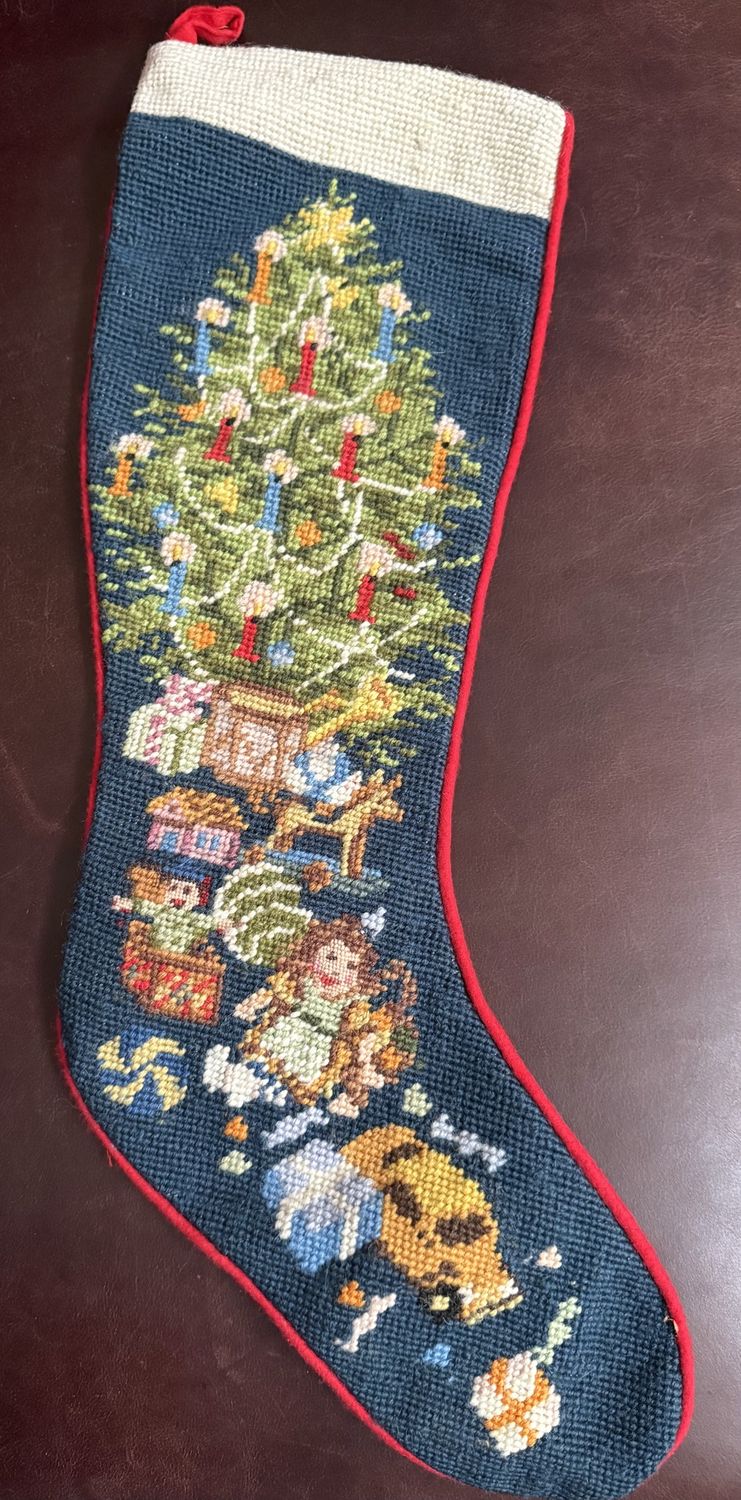 Needle Point Christmas Tree Stocking Red Velvet Back