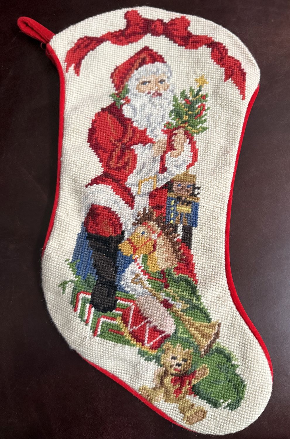 Needlepoint Santa Christmas Stocking Red Velvet Back