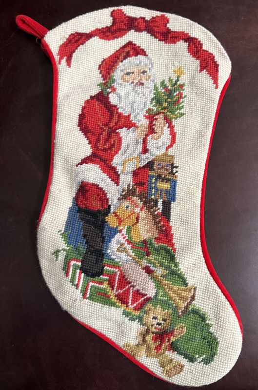 Needlepoint Santa Christmas Stocking Red Velvet Back