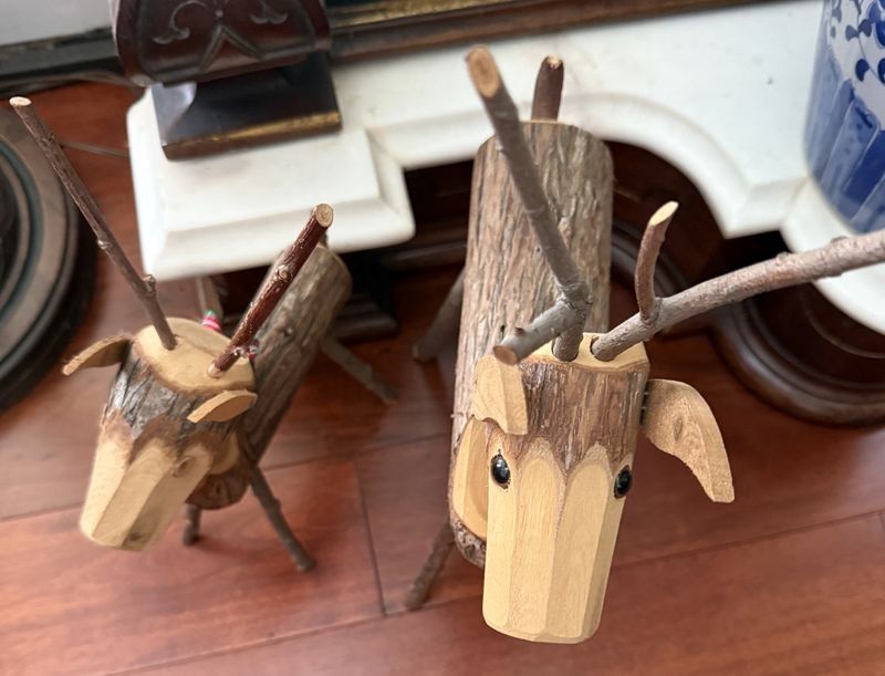 Pair of Folk Carved Wood Deer  Marked WW 1973