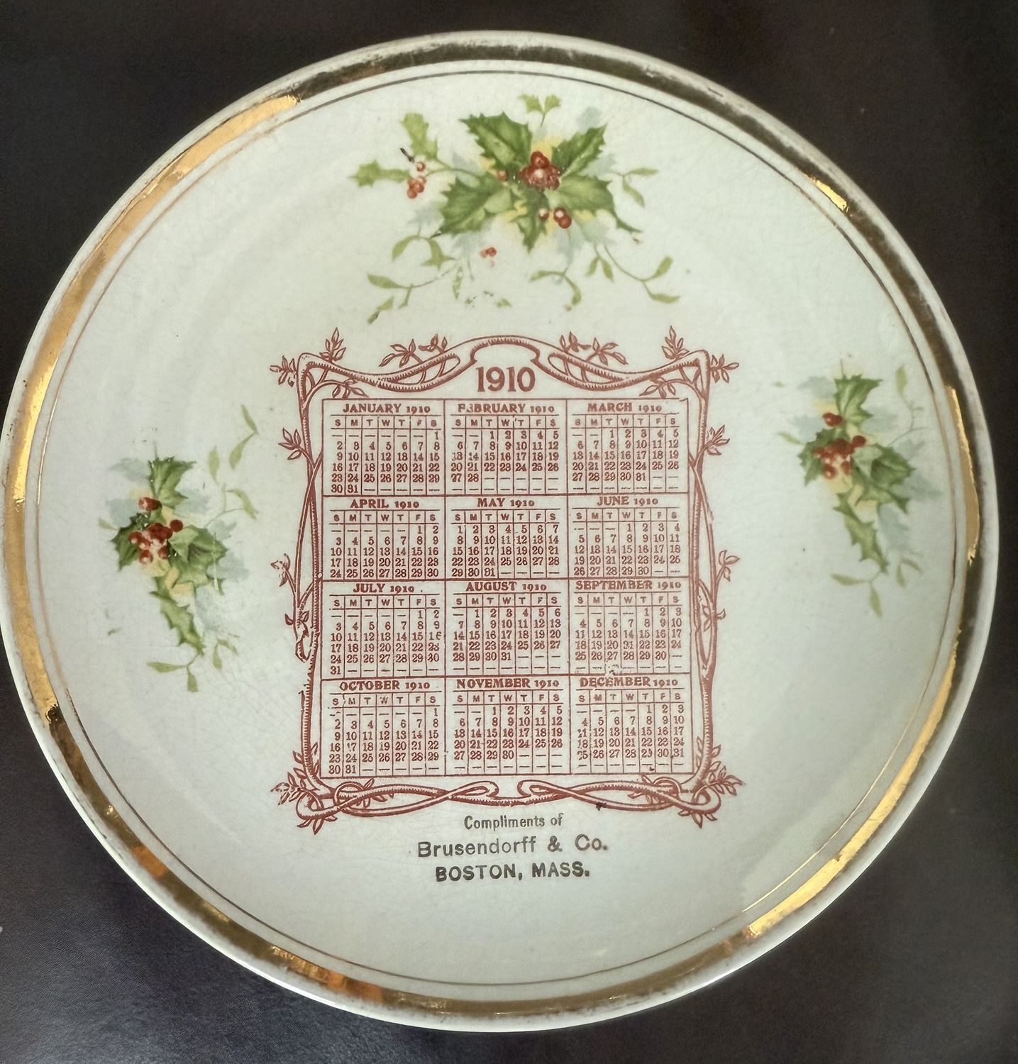 Antique Calendar Plate Christmas 1910 Brusendorff &amp; Co. Boston, Mass.