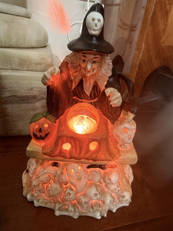 Vintage Ceramic Witch on a Pile of Bones and Fortune Teller Ball Electric Lamp Prettique design inc. Halloween