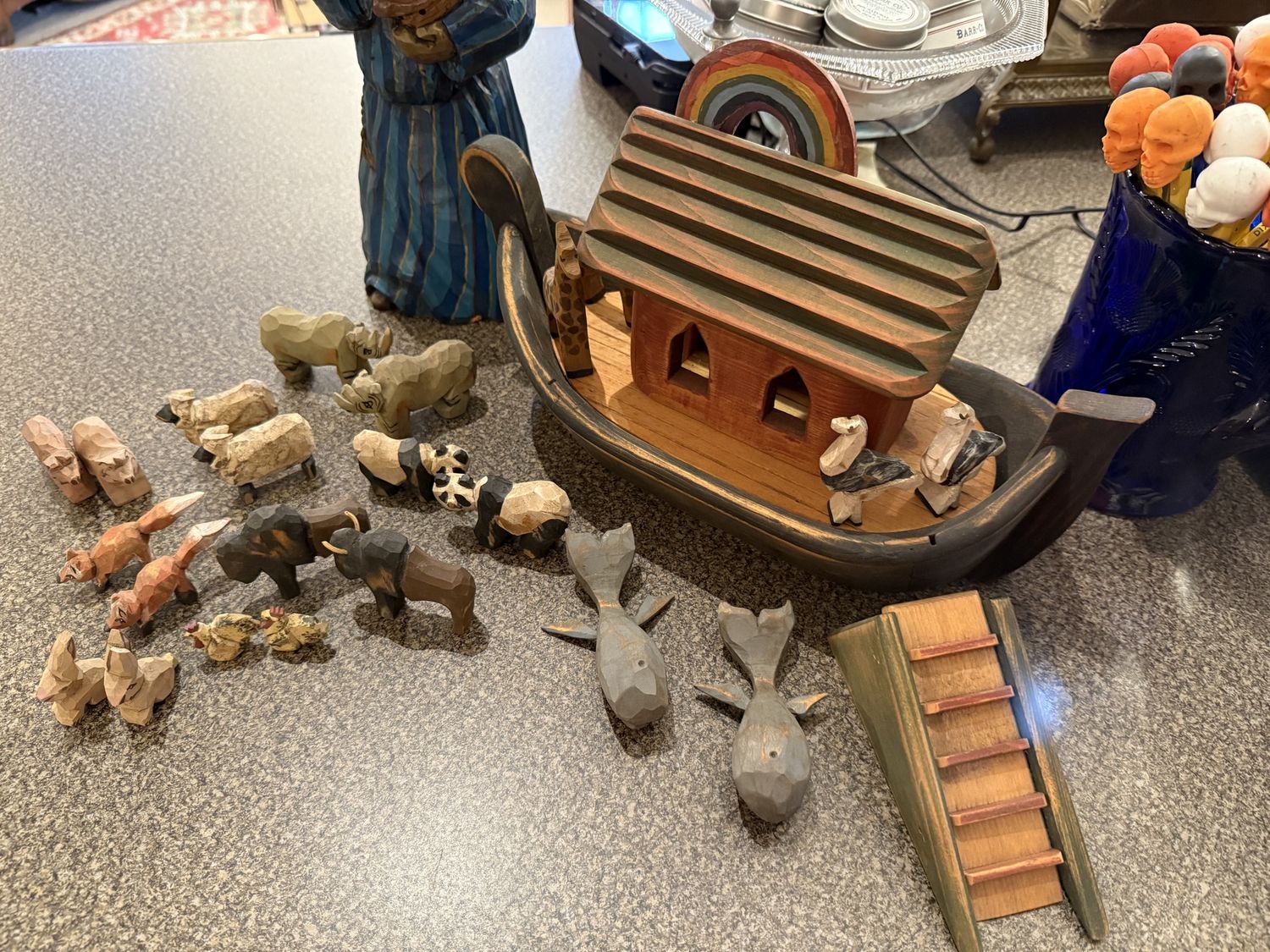 Vintage Hand Carved Wood Folk Art Noah&#39;s Ark and Pairs of Animals