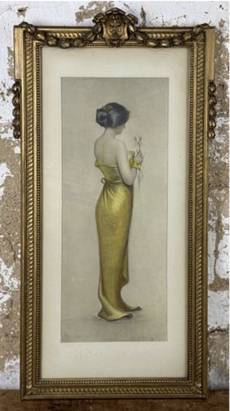 Large Size Stunning Original Pastel of Yellow Gowned Woman in Original Ornate Frame Signed G. Boug 1902