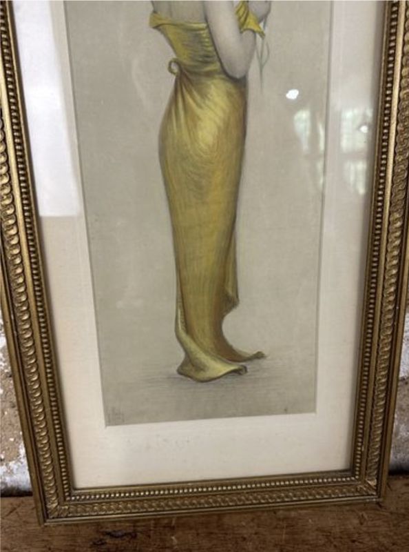 Large Size Stunning Original Pastel of Yellow Gowned Woman in Original Ornate Frame Signed Gaston Bouy (1866- 1943) 1902