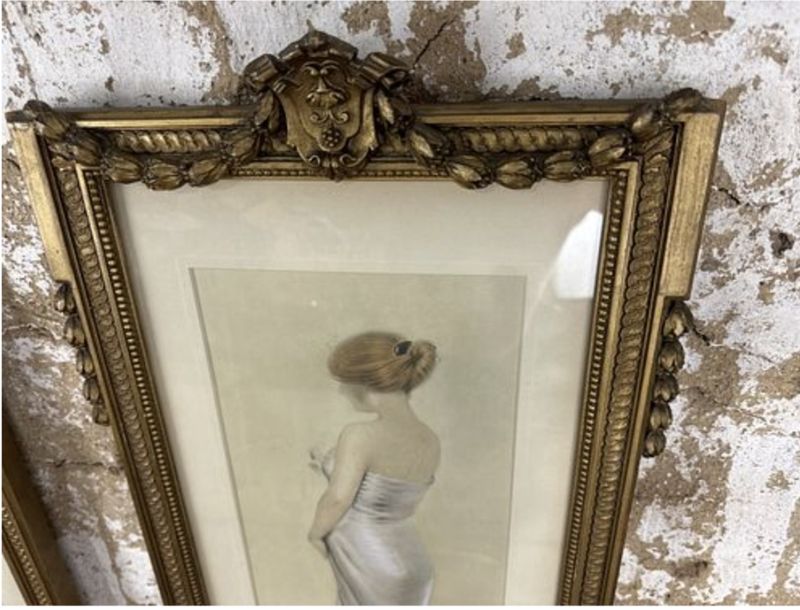 Large Size Stunning Original Pastel of Gowned Woman in Original Ornate Frame Signed  Gaston Bouy (1866- 1943) 1902