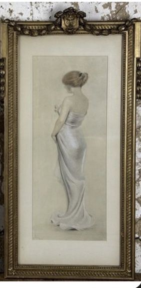 Large Size Stunning Original Pastel of Gowned Woman in Original Ornate Frame Signed  G. Boug 1902