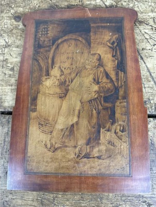 Antique German Pyrography Pokerwork Nouveau Shaped Wood Plaque Nach (after) Ed Grutzner W Geiger2