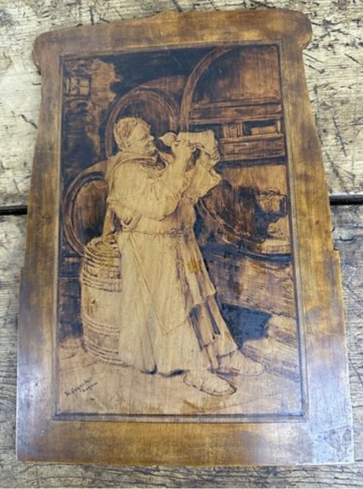 Antique German Pyrography Pokerwork Nouveau Shaped Wood Plaque Nach (after) Ed Grutzner