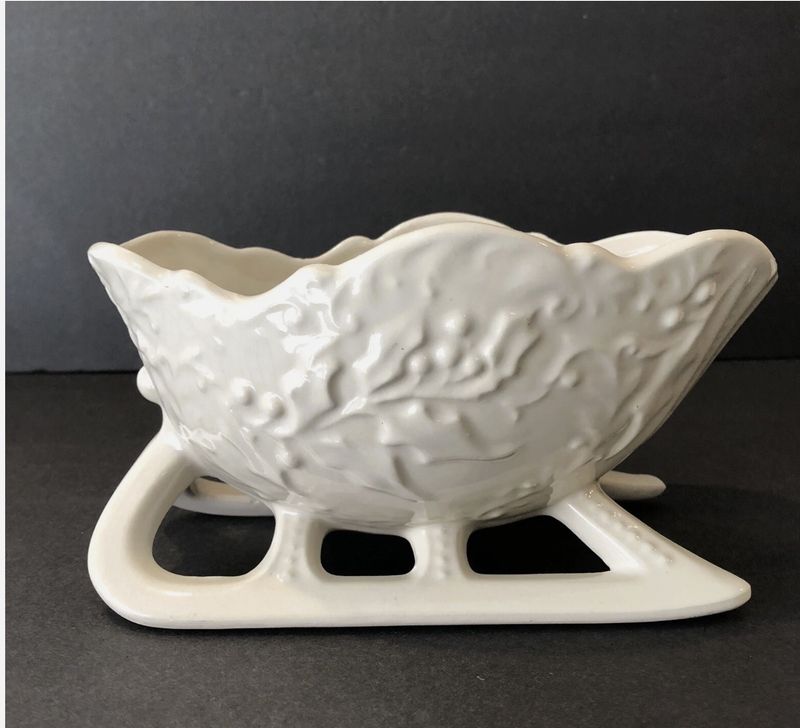 Mid-Century Ceramic Cream Colored Christmas Sleigh Planter/Dish