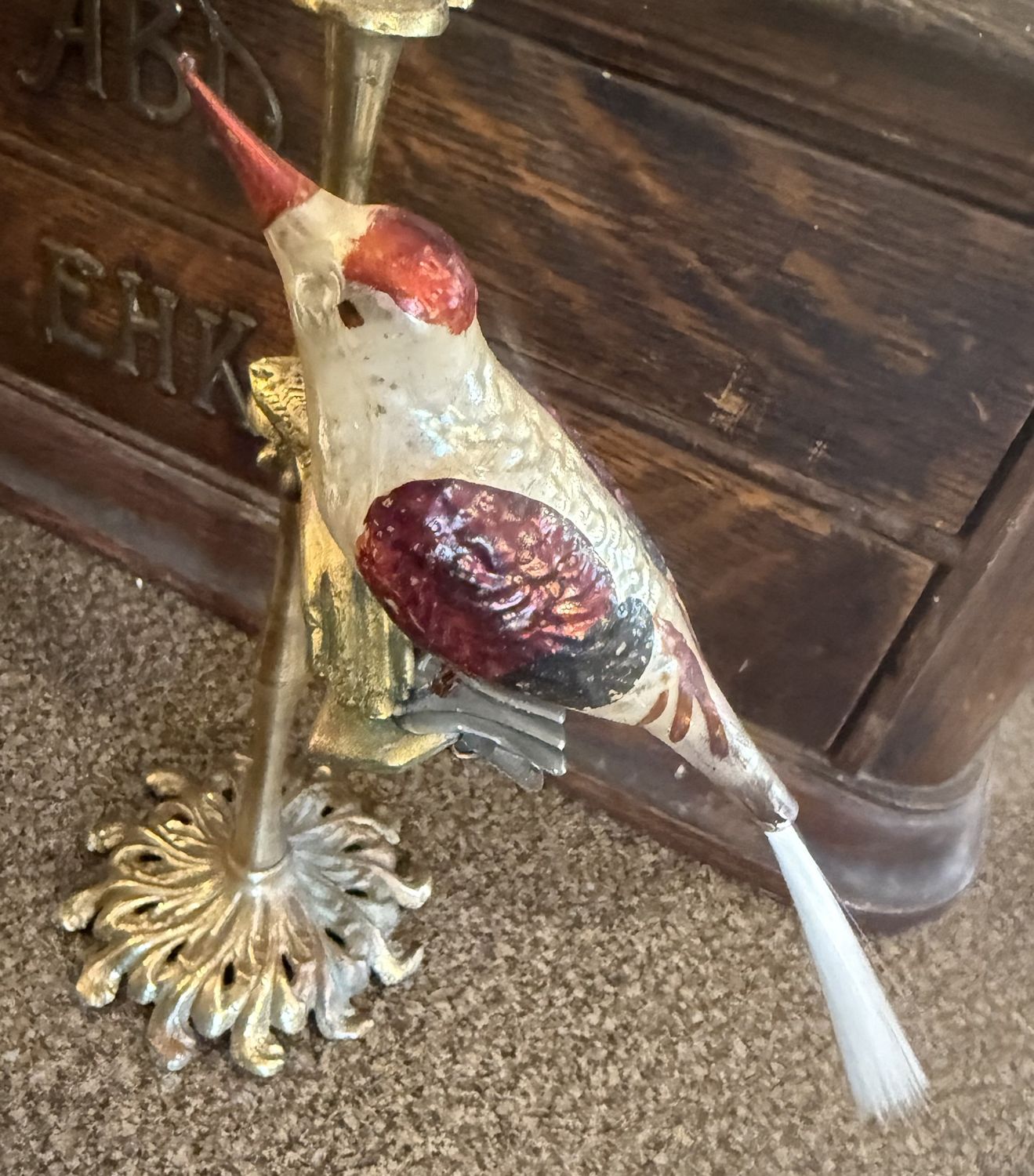 Antque Blown Glass Bird Clip Ornament Christmas Spun Glass Tail