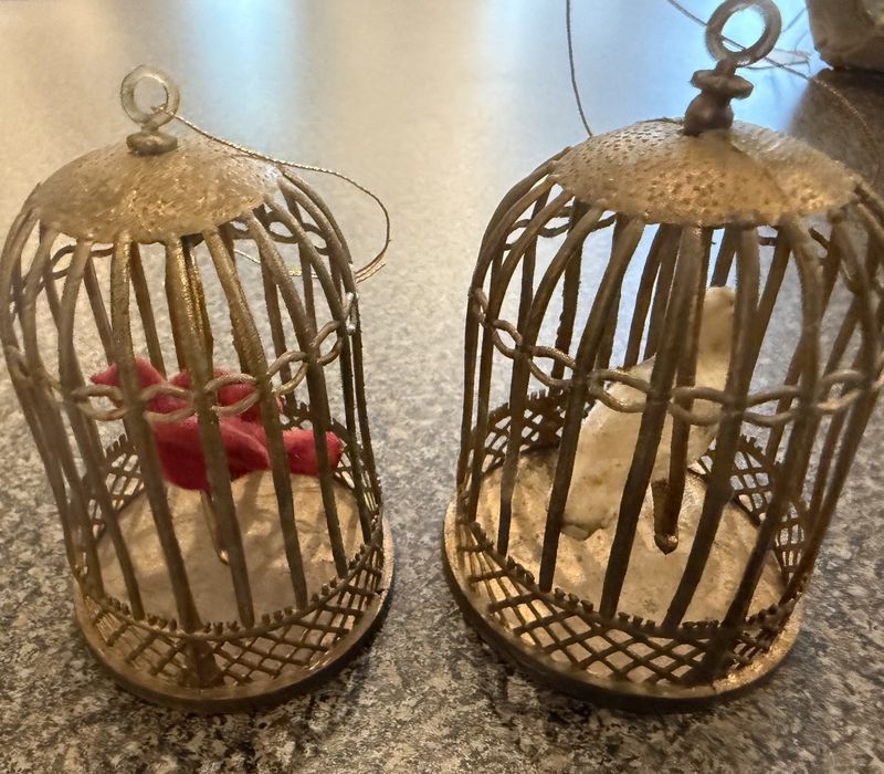 Mid-Century Plastic Bird Cage Ornament Red Bird or White Bird