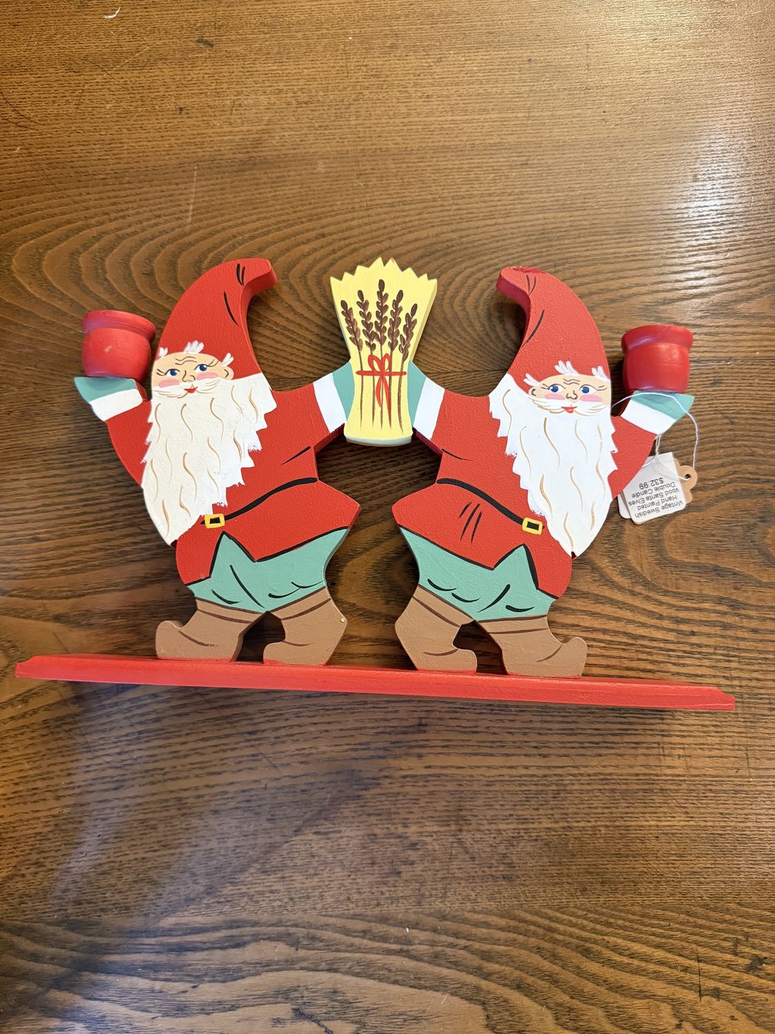 Vintage Swedish Hand Painted Wood Santa Elves Double Candle