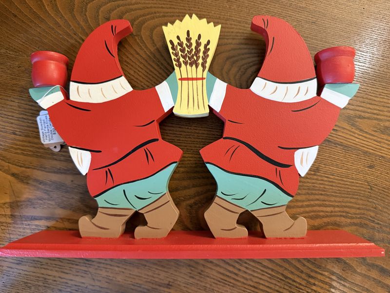 Vintage Swedish Hand Painted Wood Santa Elves Double Candle