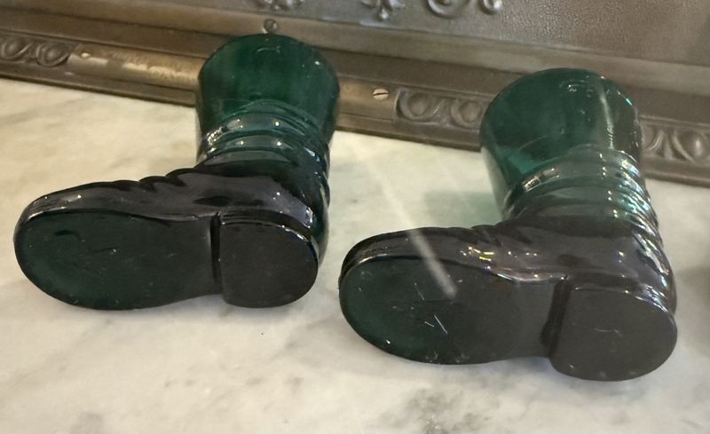 Pair of Vintage Green Glass Boots Bud Vases/Toothpick/Shot Glass