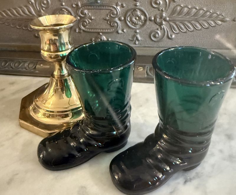 Pair of Vintage Green Glass Boots Bud Vases/Toothpick/Shot Glass