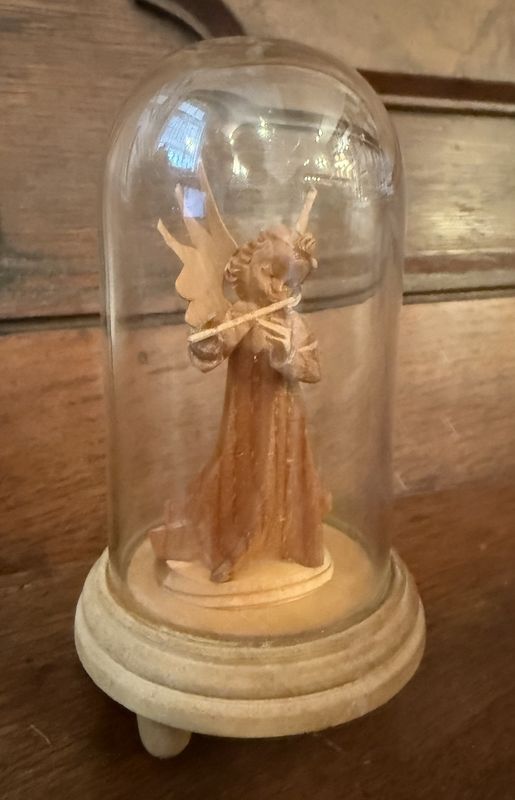 Hand Carved Angel in Cloche Miniature on Ball Feet Flute Player