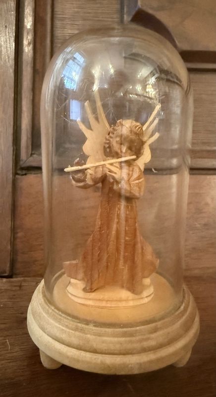 Hand Carved Angel in Cloche Miniature on Ball Feet Flute Player