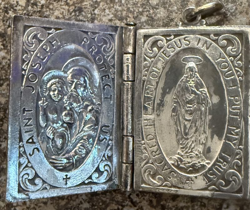 Religious Silver Booklet Pendant Crucifix on Cover, St. Joseph, Lady of Mount Carmel